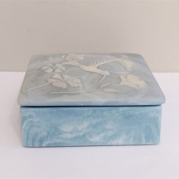 Vtg Signed Robert Nemith Hummingbird & Floral Inlay Blue Soapstone Trinket Box - Picture 4 of 10